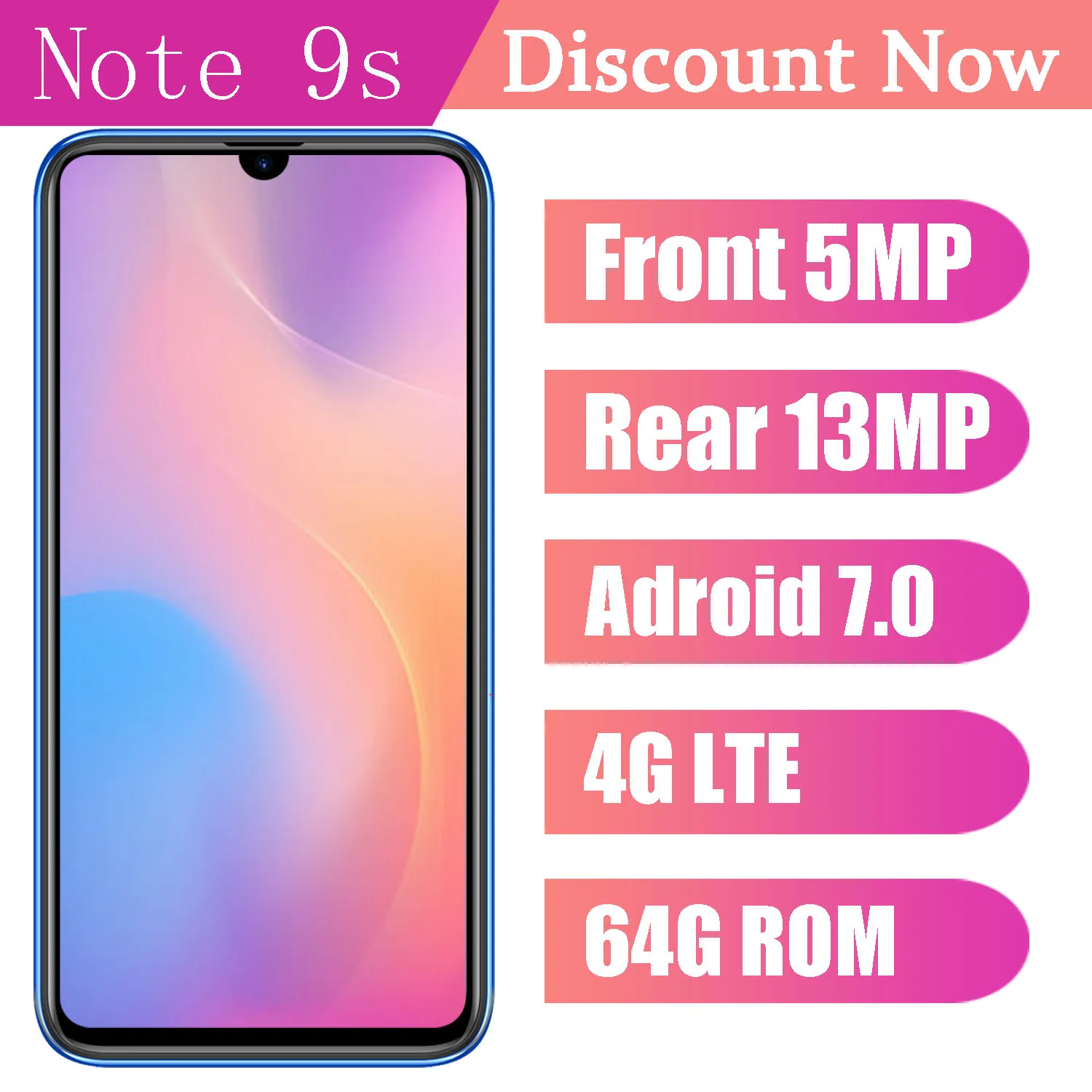 Teléfono Inteligente 4G LTE Note 9s, 4 GB de RAM + 64 GB de ROM, 6,26 pulgadas, 13MP, Android 7,0, identificación facial, desbloqueado, Batería grande de 4000mAh