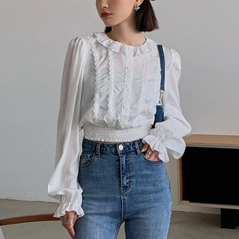 

Женская блузка с рукавами-фонариками, кружевная блузка с оборками и круглым вырезом, с эластичным поясом, корейская мода, яркий пуловер для поездок, весна 2021