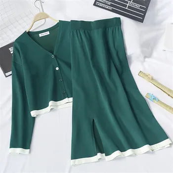 

2020 Spring Autumn Knitted 2 Piece Set Chic Office Ladies Single Breasted Cardigan Sweater+Long Skirt Two Piece Sets Suit