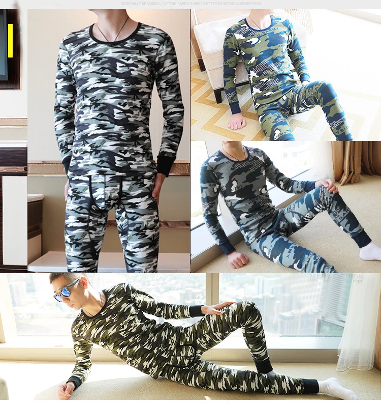 Male Winter Thermal Underwear Men Long Thermal Suit Polyester Comfortable Warm Tops + Pants Piece Set Thermal Underwear