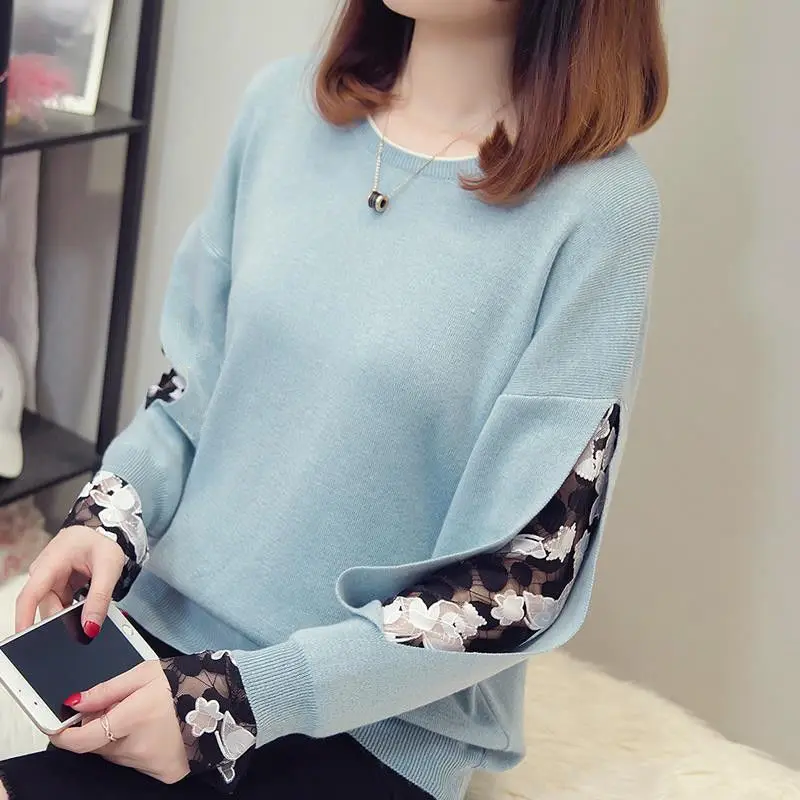 

Fashion Plus Size Knitted Sweater Women Winter Clothes 2020 Hollow Out Mesh Patchwork Long Sleeve Casual Knitwear