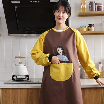 

Cute Japanese Apron Long-Sleeved Home Kitchen Waterproof And Oil-Proof Fashion Gown Kitchen Cooking Apron