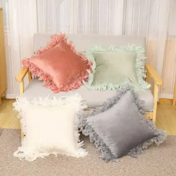 

Velvet Pillow Feather Throw Pillow Cases Fluffy Sofa Cushion Cover Family Decor 45 45cm Solid Square Tassel 2020