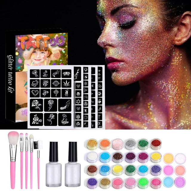 50 Glitter Colors Tattoo Kit With Stencil Glue Brush Makeup Body