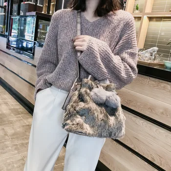 

2020 Autumn And Winter New Style Furry WOMEN'S Bag Korean-style Fashion Leopord Pattern Bucket Bag Women's Crossbody Bag