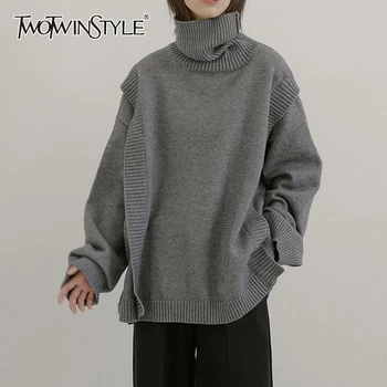 

TWOTWINSYLE Patchwork Irregular Knitting Women's Sweaters Turtleneck Long Sleeve Loose Sweater For Female Fashion Clothing Tide