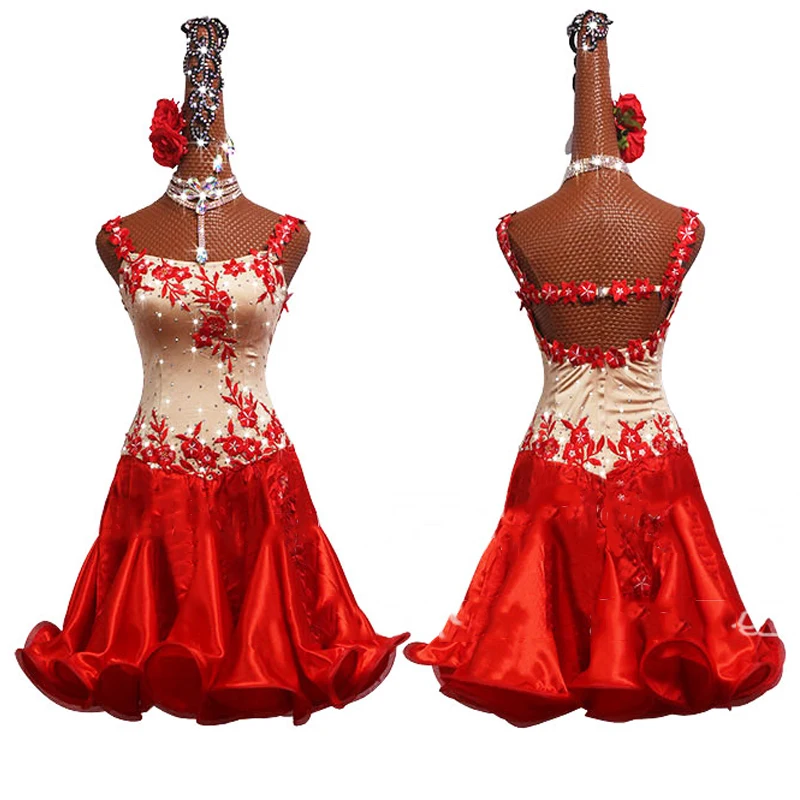 Платье для латинских танцев женщин и девочек соревнований Красная юбка бальных в