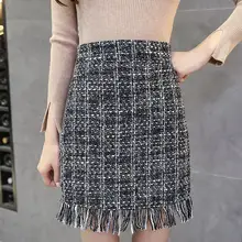 Женская Зимняя шерстяная мини-юбка, осенняя зимняя винтажная прямая клетчатая юбка с кисточками, юбка с высокой талией