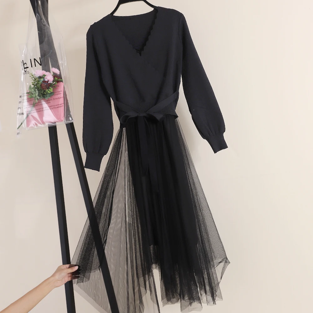 Women Dress Женское платье с рукавом-фонариком с v-образным вырезом, асимметричное Плиссированное трикотажное платье с оборками и бантом, Новая Винтажная повязка, Сетчатое газовое платье-пуловер миди - Цвет: Women Dress