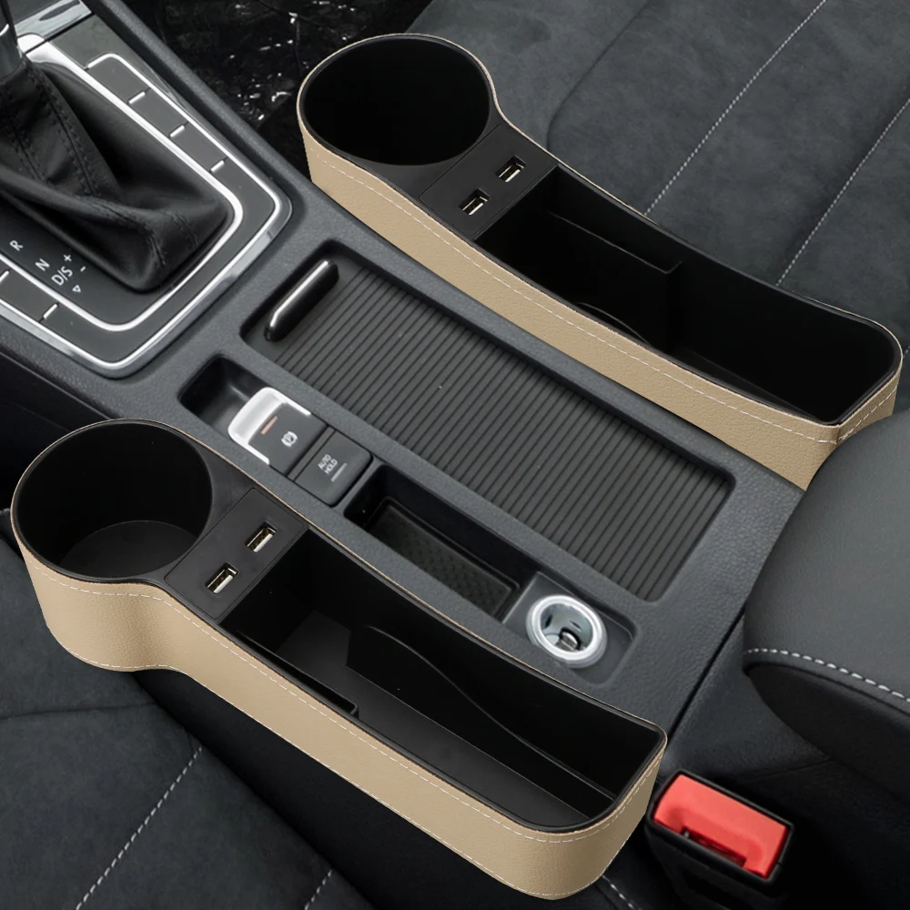 Car Organizer Phone Bottle Cups Holder Box Leather Car Seat Gap Storage Box Car Accessories Dual USB Charger Seat Gap Slit Box