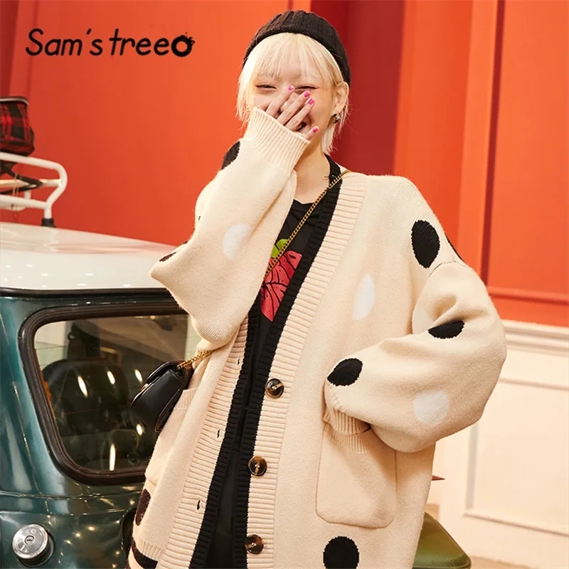 

SAM'S TREE Black Polka Dot Single Button Knit Cardigan Sweater Women 2020 Winter Korean Striped Colorblock Long Sleeve Lady Tops