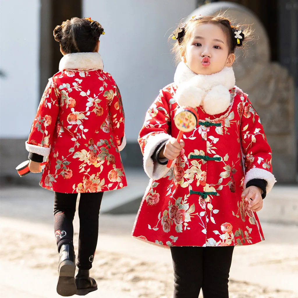 Детская одежда для маленьких девочек с цветочным принтом платье с вышивкой год костюм в китайском стиле ретро-пальто традиционное китайское традиционное платье с разрезами по бокам и воротником-стойкой для девочек Платья для маленьких девочек