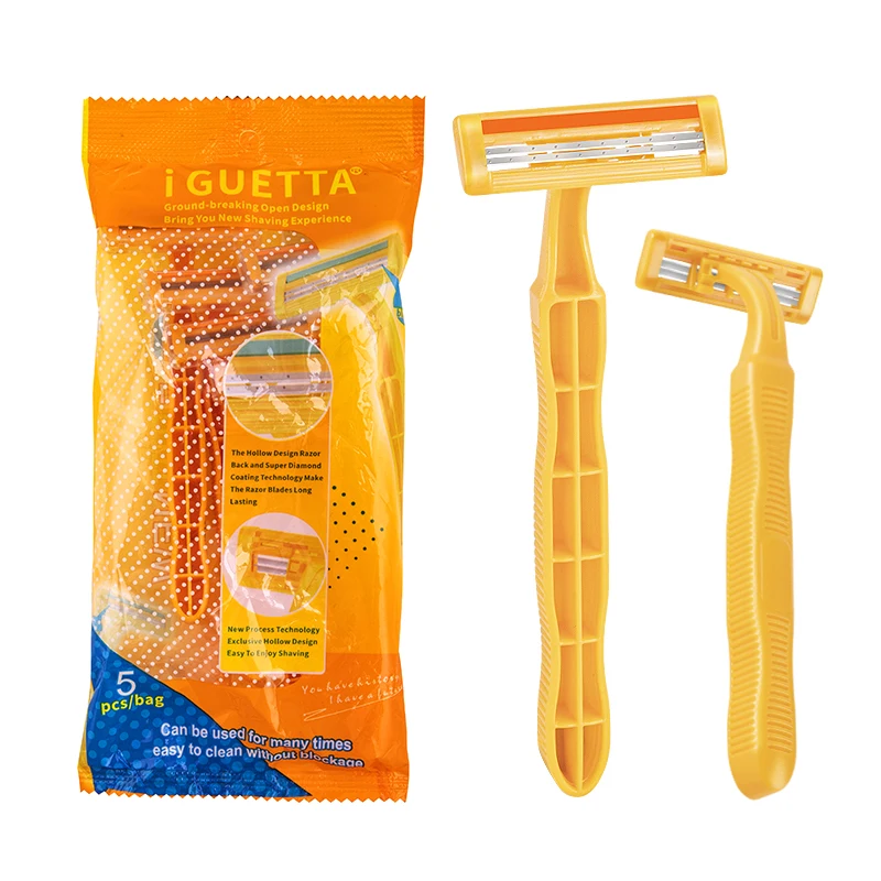 IGUETTA Men Razor For Face and Legs Yellow 5pcs Disposable Razor Two-Layer Blade Comfortable  Manual Razor Face Shaver For Women