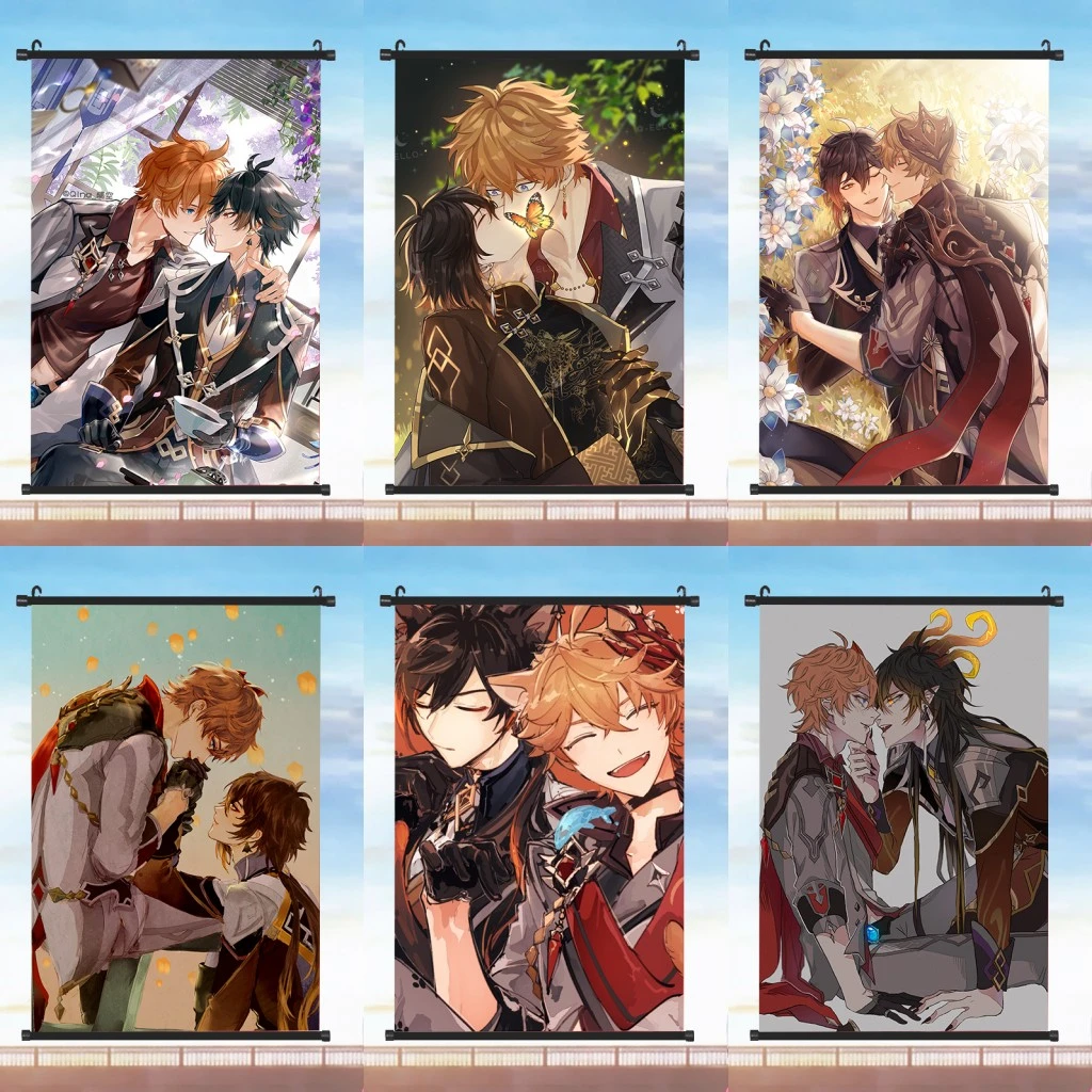 NEW Anime Game Genshin Impact Tartaglia and Zhongli Wall Scroll Mural Print  Hang Poster Otaku Decor Collect Decorative Art Gift|Painting & Calligraphy|  - AliExpress