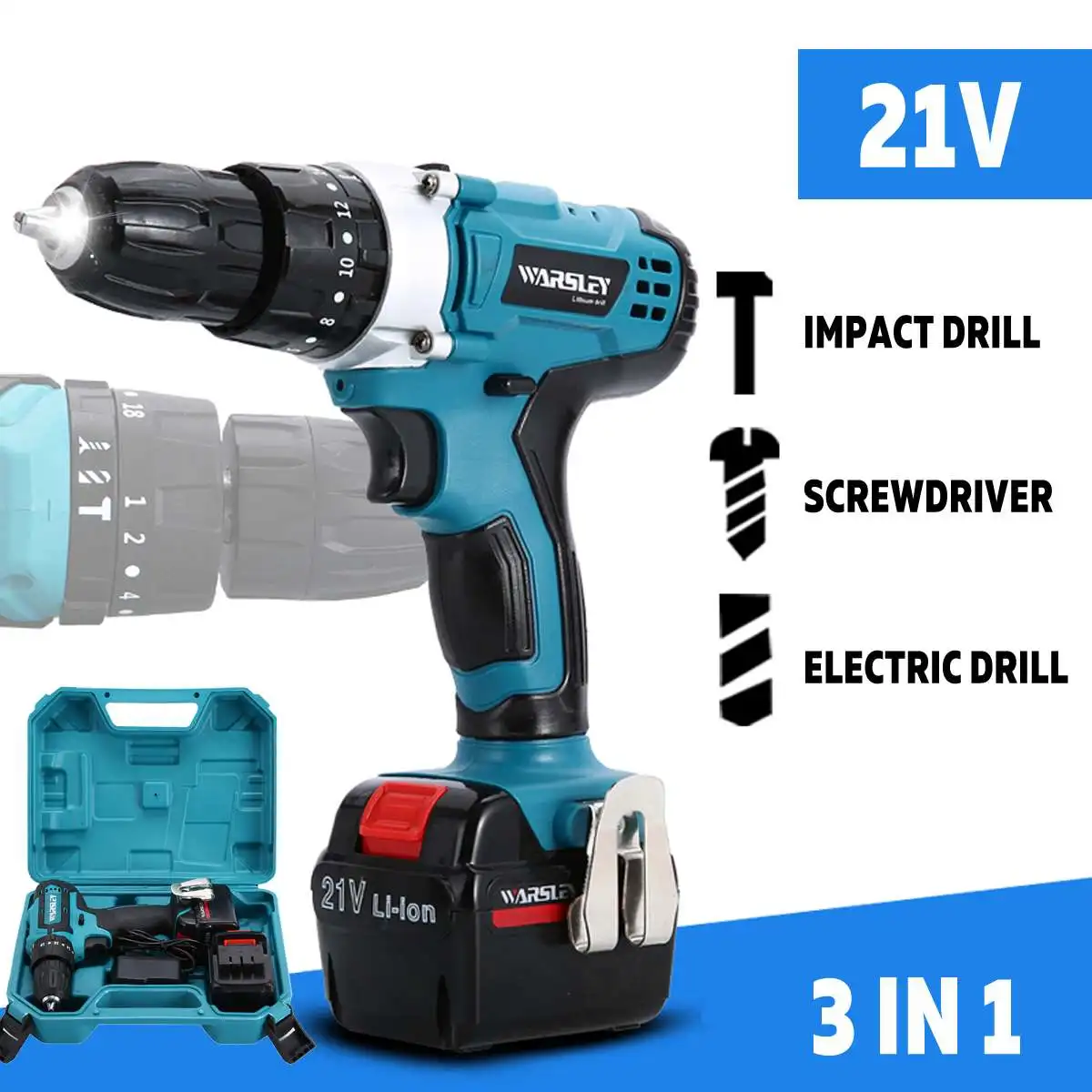 

12V Cordless Electric Impact Drill Multi-function Hand Electric drill Screwdriver With 1/2 Optional Rechargable Lithium Battery
