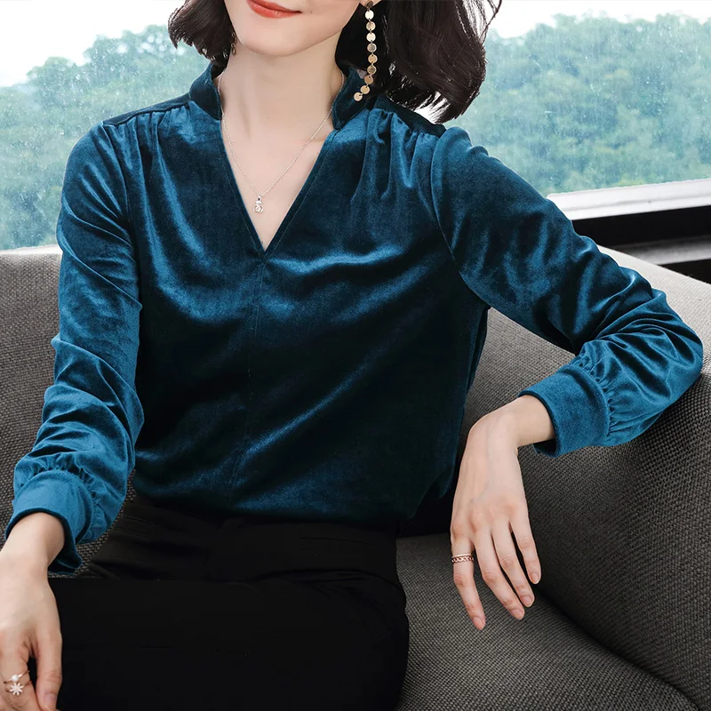 Новинка осень зима 2020 золотая бархатная нижняя рубашка женская с длинным рукавом