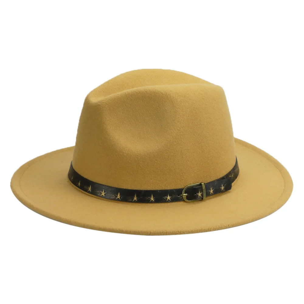 YY Золотая лента пентаграммы Fedora Мужская зимняя Ретро Джаз Панама женская шляпа винтажная фетровая Кепка с широкими полями Trilby церковные шляпы FD19045 - Цвет: Camel Trilby Cap