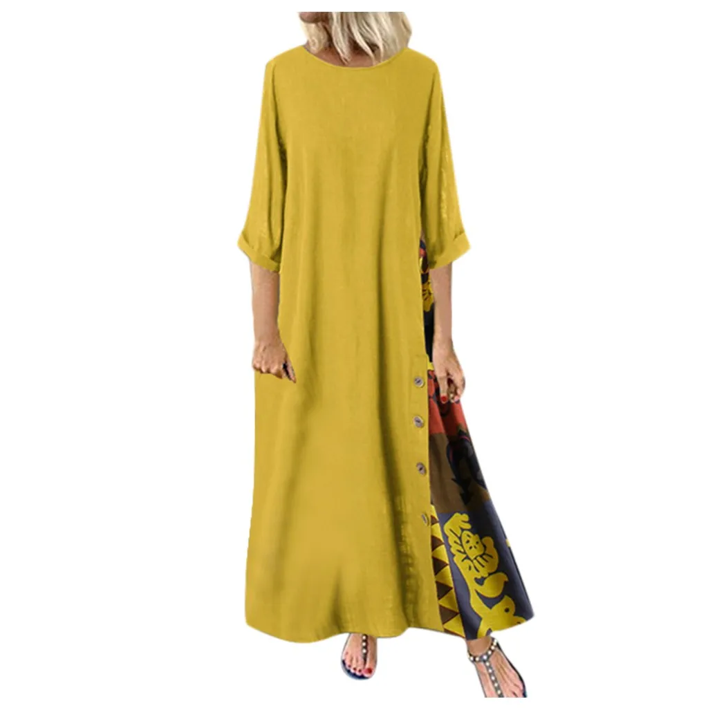 Womail платья осенние женские модные три четверти рукав лоскутное платье Макси boho o-образным вырезом длиной до щиколотки Кнопка халат femme boheme