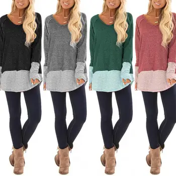 

Women Long Sleeve Double Hit Color Block Stripe Splice Patckwrok Plus Size Shirt Casual Female Girls Large Casual Clothes