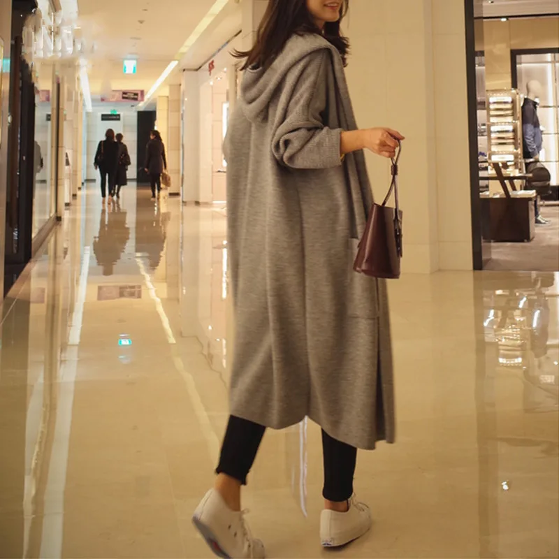 

2019 Autumn And Winter New Style Solid Color Sweater Big Coat Mid-length Loose-Fit Slimming Hooded Faux Knitted Cardigan Double