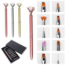 

1+10Pcs/set Diamond Nail Art Brush Set Metal Handle Replaceable Brushes Pen Liner UV Gel Gradient Painting Liner Nail Art Tool