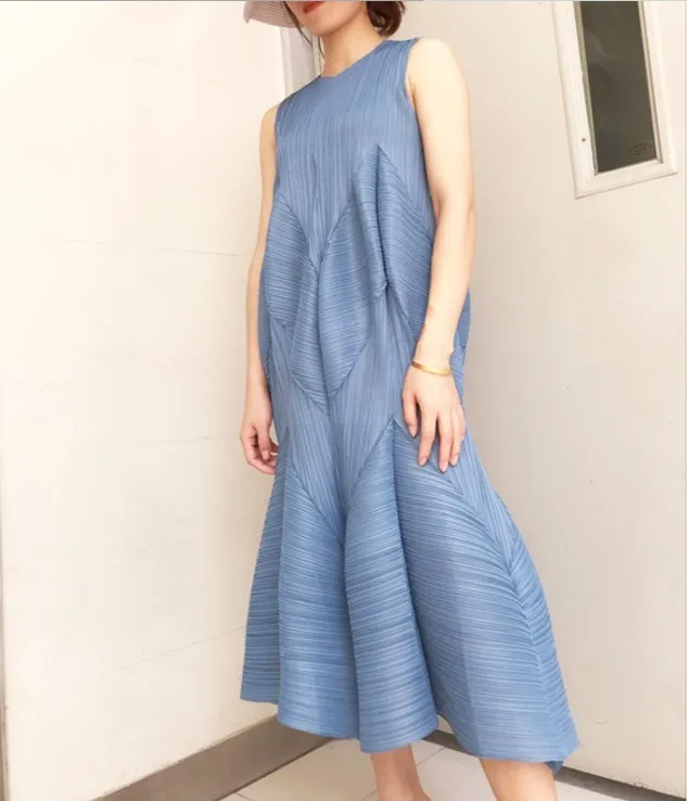 Горячая Miyake модное складное платье без рукавов однотонное с v-образным вырезом длинное платье - Цвет: light blue