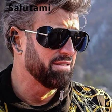 Steampunk Black Pu Leather Frame Polarized Sunglasses For Men Vintage Luxury Brand Round Punk Sun Glasses Women Chic Eyewear New