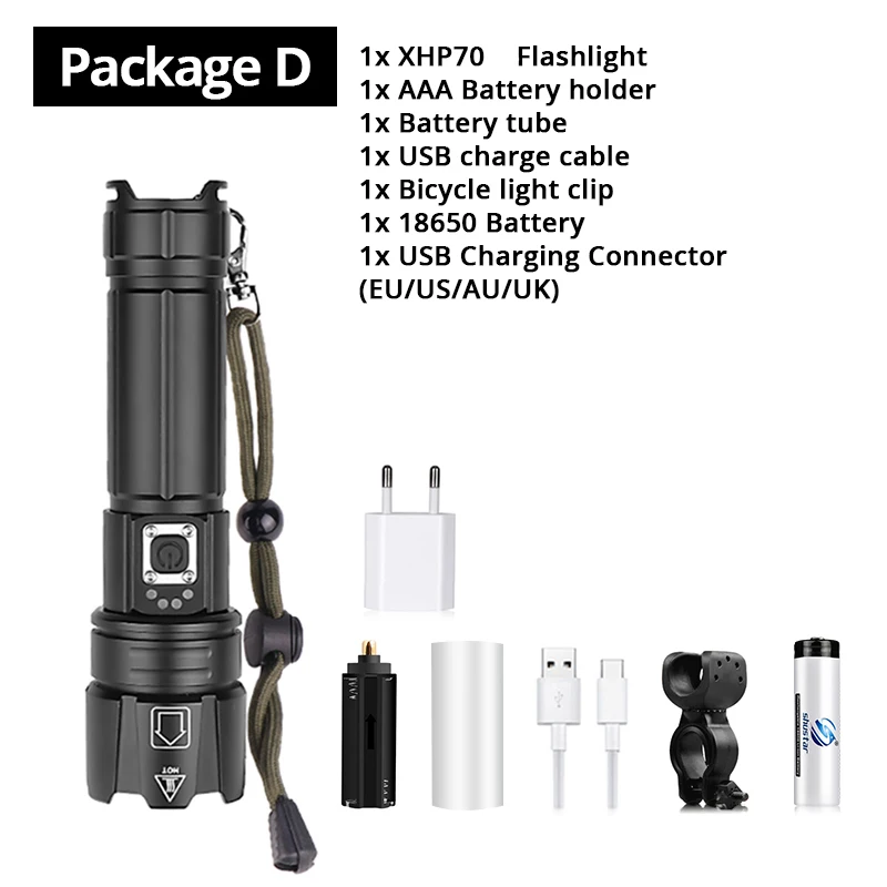 Package D Super Bright LED Bicycle Light XHP70 Flashlight USB Rechargeable Zoom Cycling Front Lamp Can Charge the Phone Outdoor Bike Light - Цвет: Package D