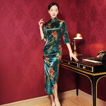 

Sexy Mandarin Collar Women Cheongsam Evening Party Dress Velour High Split Qipao Black Traditional Sleeve Print Flower Vestidso