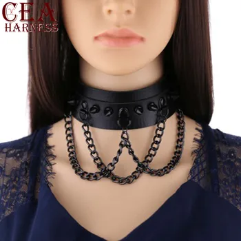 

CEA Goth Leather Collar Chain Women Neck Choker Sexy Bondage Necklaces Metal Party Club Harajuku Colors Neck Strap Chain Belts