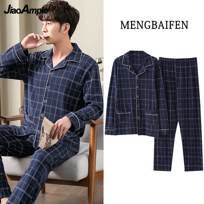 Men's Pajamas Autumn 2022 New Pure Cotton Striped Long-sleeved Trousers Pyjamas Two-piece Set Lapel Nightie Home Clothes Suit