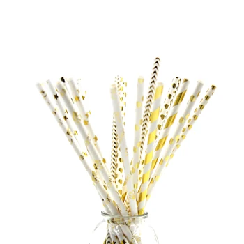 

100 PCS Gold And White Paper Straws with Star Strip Dot Wave Pattern for Party