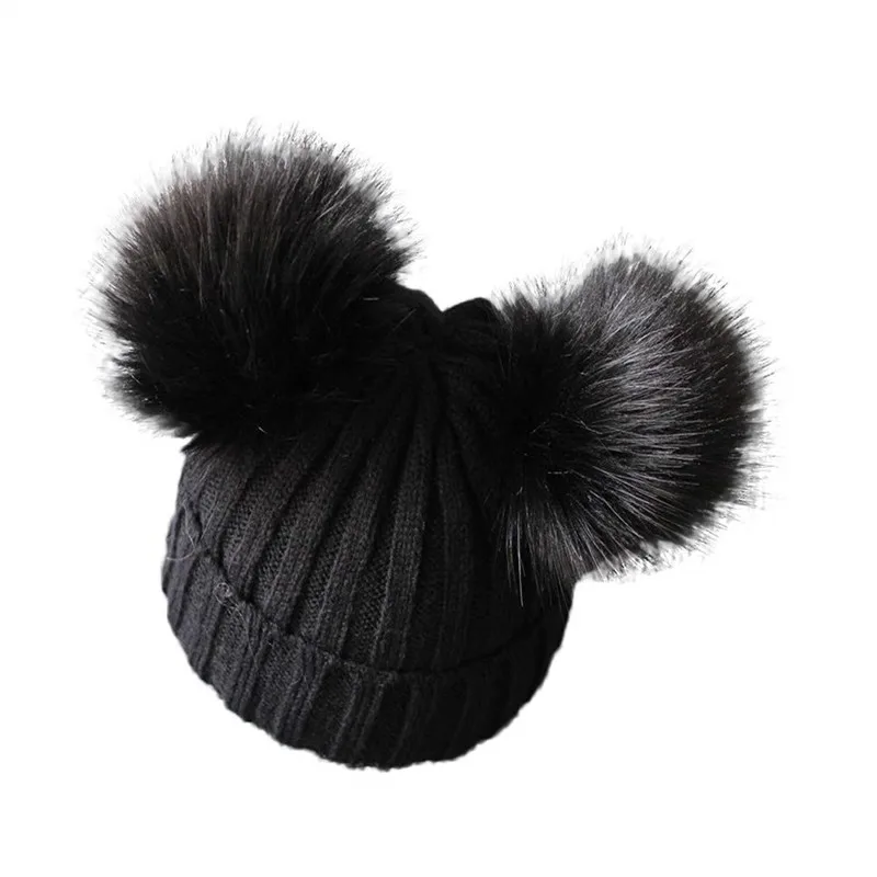 Children's winter infant newborn baby kids faux fur hat beanie with two double pom pom for boys and girl 1-3Y - Color: Black