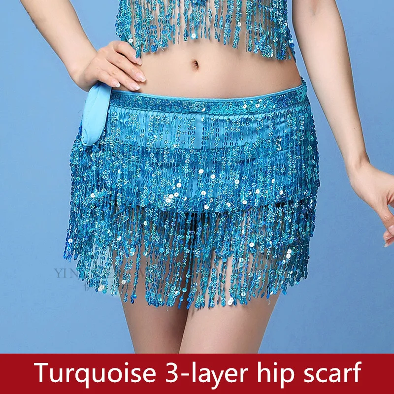 Turquoise 3-layer Женская юбка для латинского танца живота аксессуары-кисточки побрякушки ремни для танца живота хип шарф с блестками пояс для танца живота хип шарф - Цвет: Turquoise 3-layer