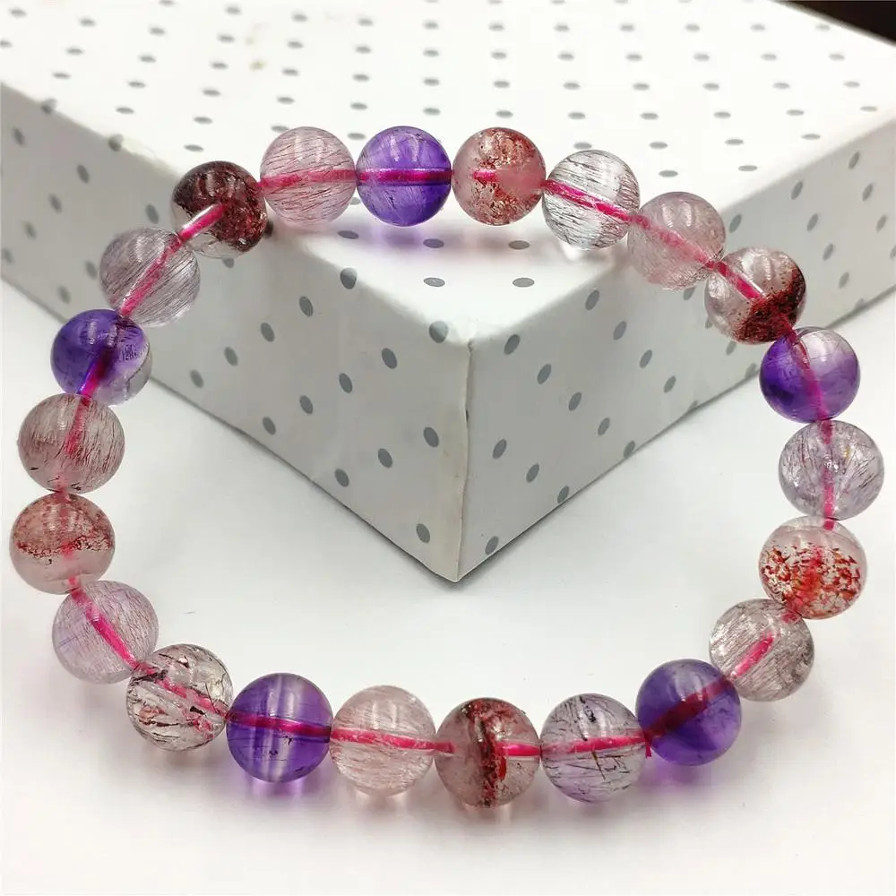 

Natural Super Seven Colorful Rutilated Quartz Lepidocrocite Crystal Bracelet 9mm Melody Stone Round Beads Jewelry AAAAA