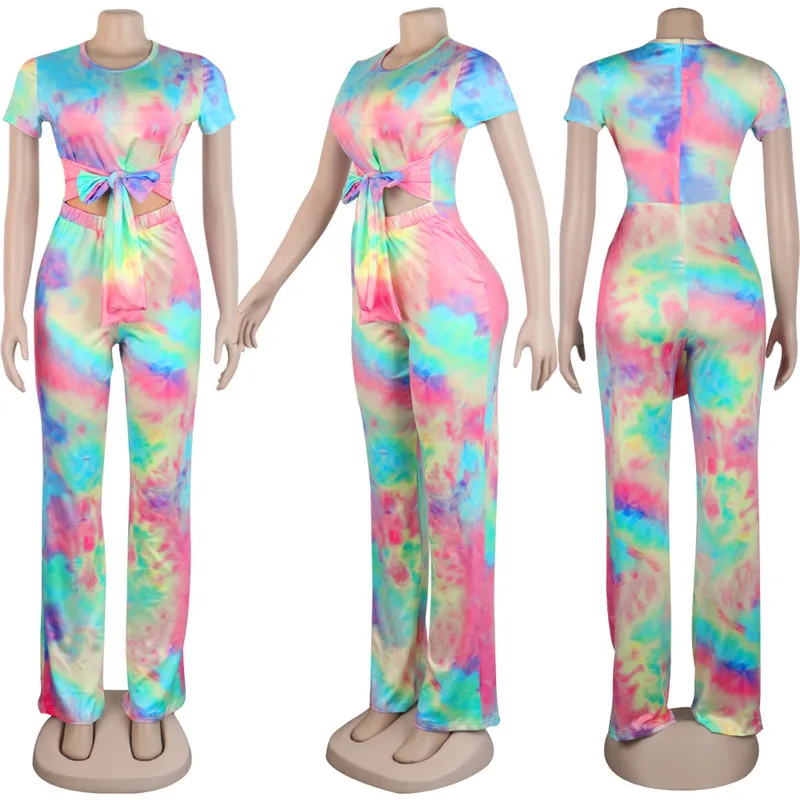 ANJAMANOR полосатый Tye Dye Bodycon комбинезон для женщин с вырезами галстук приталенные, с коротким рукавом Комбинезоны для женщин s сексуальная одежда D35-AE43