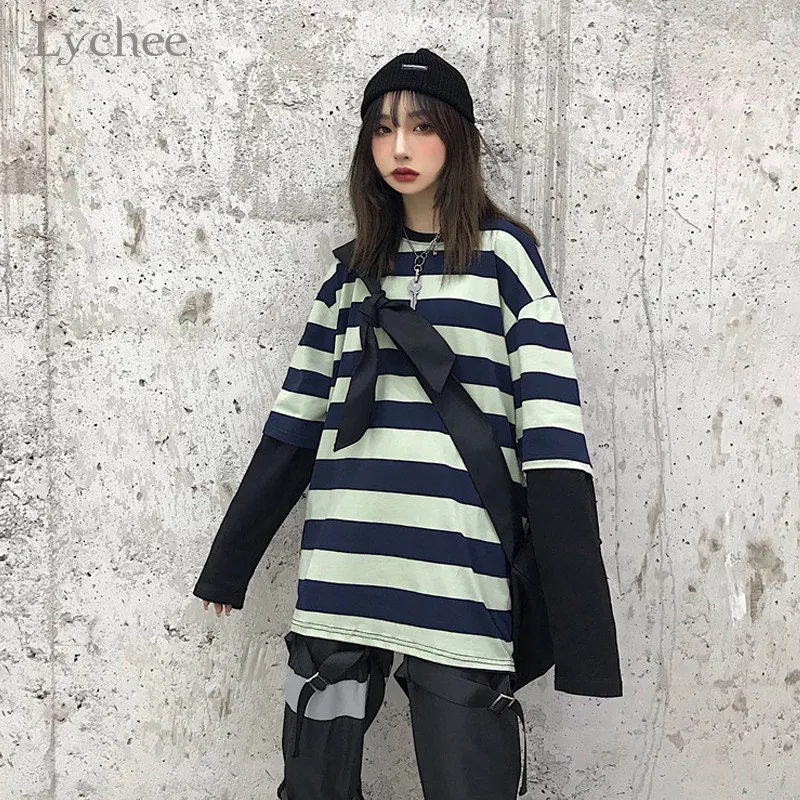 Lychee Harajuku полосатые поддельные 2 шт женские футболки хит цвет Женская футболка Топ Футболка пэчворк вырез лодочкой женские футболки топы тройники
