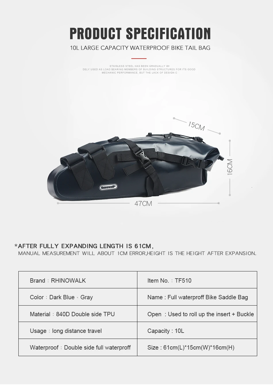 Flash Deal RHINOWALK 2019 Newest 10L 100% Waterproof Bike Bag Bicycle Saddle Bag Cycling Mountain Bike Back Seat Rear Bag Bike Accessories 13