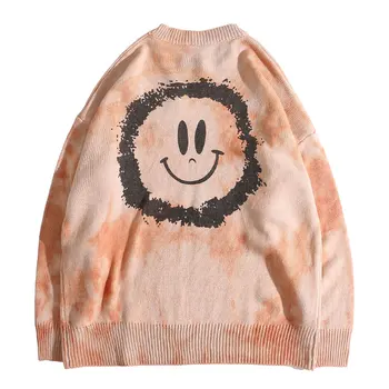 

Women Mens Tie Dye Smile Face Knitted Pullover Sweaters Hiphop Hipster Casual Jumper Sweater Streetwear Fashion Outwear Tops
