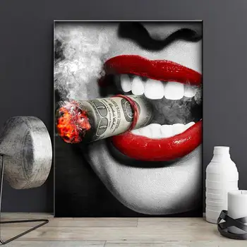 

Nordic Posters Wall Art Canvas Painting Woman Smoking Cigar Sexy Lips Canvas Painting Modern Home Decor Posters Office Poster