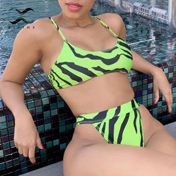 

Zebra print swimwear women Sexy bikini 2020 mujer High waist swimsuit female Green plus size bathing suit Summer bathers biquini