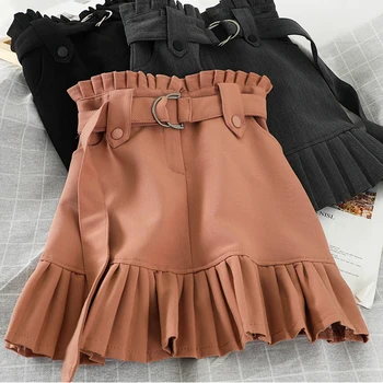 

2020 Korean Pink/Black/Gray Vintage Women Skirts Summer High Waist Sashes Faldas Casual Pleated Skirt For Female Fashion Saia