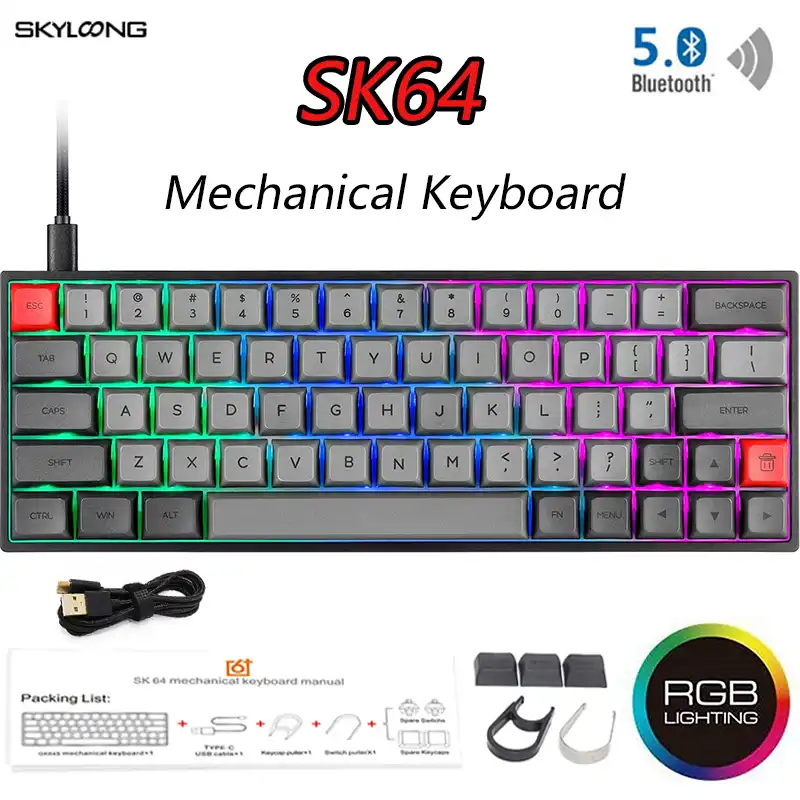 Sk64 ミニポータブルメカニカルキーボードワイヤレスbluetoothデュアルモードゲーミングキーボードミックスrgbバックライトgateron軸gk61 64 キー Keyboards Aliexpress