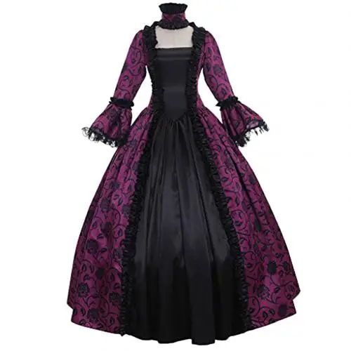 Фиолетовый Women Plus Size Medieval Dress Retro Large Swing Tight Waist Medieval Maxi Dress Cosplay Halloween Costume - Цвет: Фиолетовый