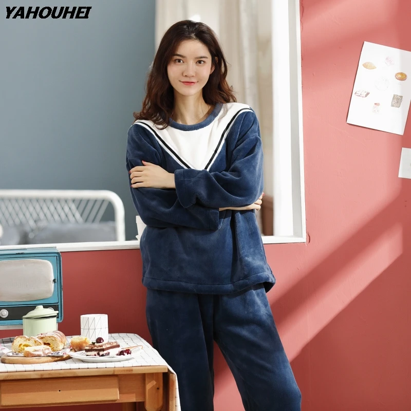 

High Quality Thick Warm Soft Flannel Pajamas Sets Women 2019 Winter Long Sleeve Coral Velvet Pyjamas Sleepwear Homewear Clothing