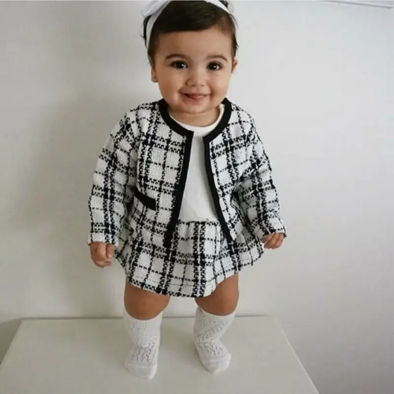 Winter Toddler Baby Girls Clothes Plaid Coat Tops+Tutu Dress