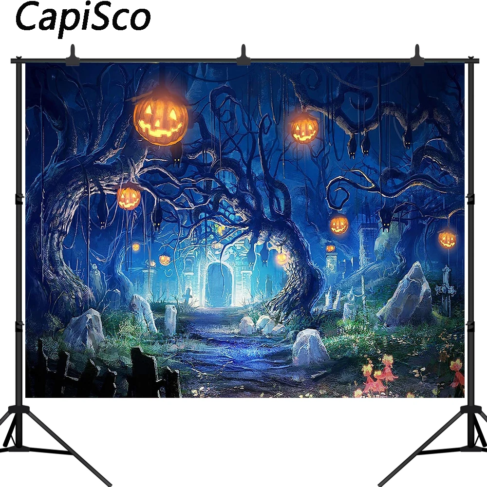 

Capisco Halloween Photography Backdrop Pumpkin Haunted Cemetery Ghost Bat Background Party Decorations Photoshoot studio Props