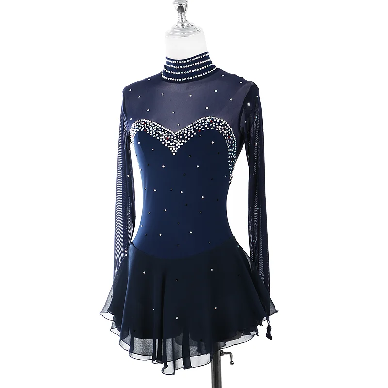 Navy Blue Red Figure Skating Dress For Women And Girls Long Sleeve Ice Figure Skating Clothes With Rhinestones ice skating costume