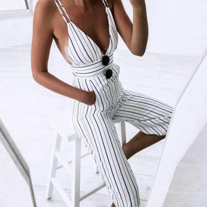 Women Summer Jumpsuit gallus Sleeveless Suspender Backless Party Jumpsuit Striped Bodysuit Trousers