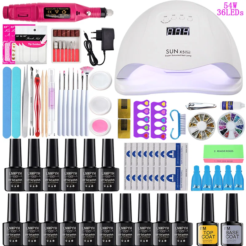 54W choose 16 color Набор для ногтей 16 Цвета Гель-лак для ногтей Удлинительный УФ-гель для ногтей 36/48/54W УФ-светодиодный светильник маникюрный набор Наборы манекюра и ручка - Цвет: 54W choose 16 color